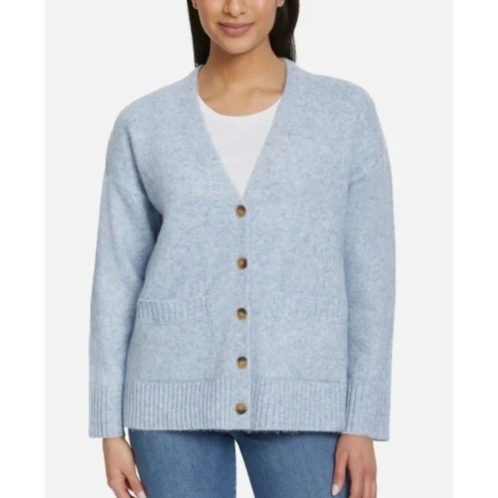 Ella Moss Cardigan Womens Medium Blue V Neck Button Front Marled Knit‎ Sweater